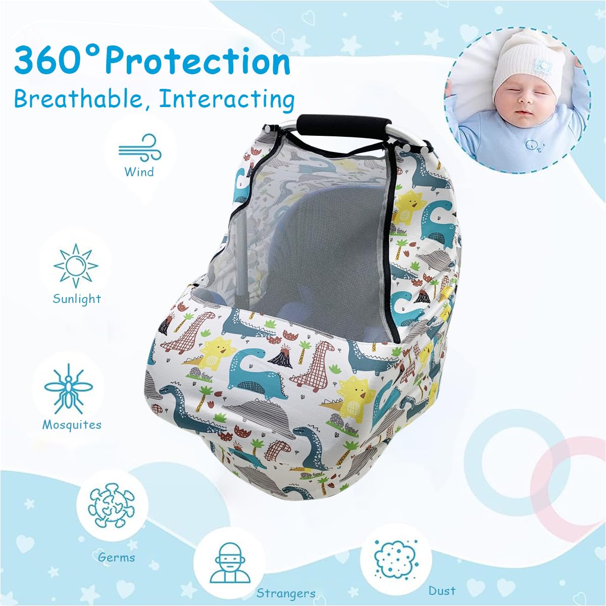 SNOWIE SOFT® Baby Car Seat Covers with Breathable Mesh Window, Baby Cart Sunshade Multifunction Baby Stroller Cover Breastfeeding Cover Shawl Nursing Cover Stretchy Stroller Canopy Universal Fit White