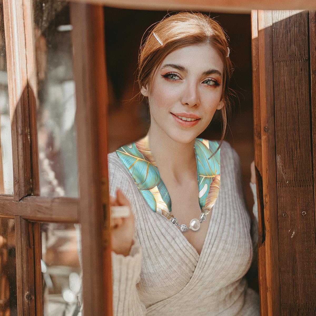 PALAY Neck Scarf for Women with Magnetic Buckle Featuring Golden Charms | 2 PCS Satin Silk-Feel Accessory