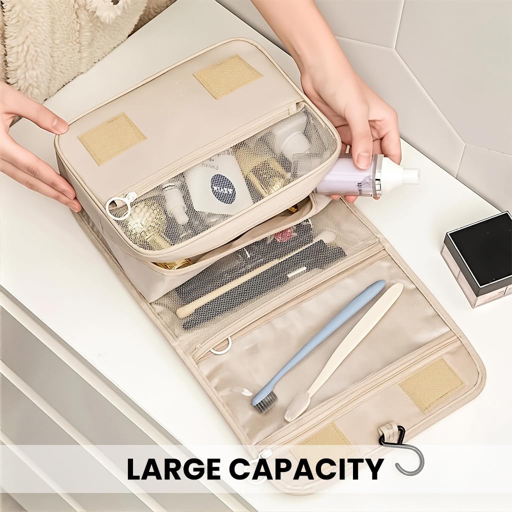 ZIBUYU Travel Toiletry Bag for Trips with 4 Compartments and Hanging Hook | Beige 11 x 7.75 x 3.35 in