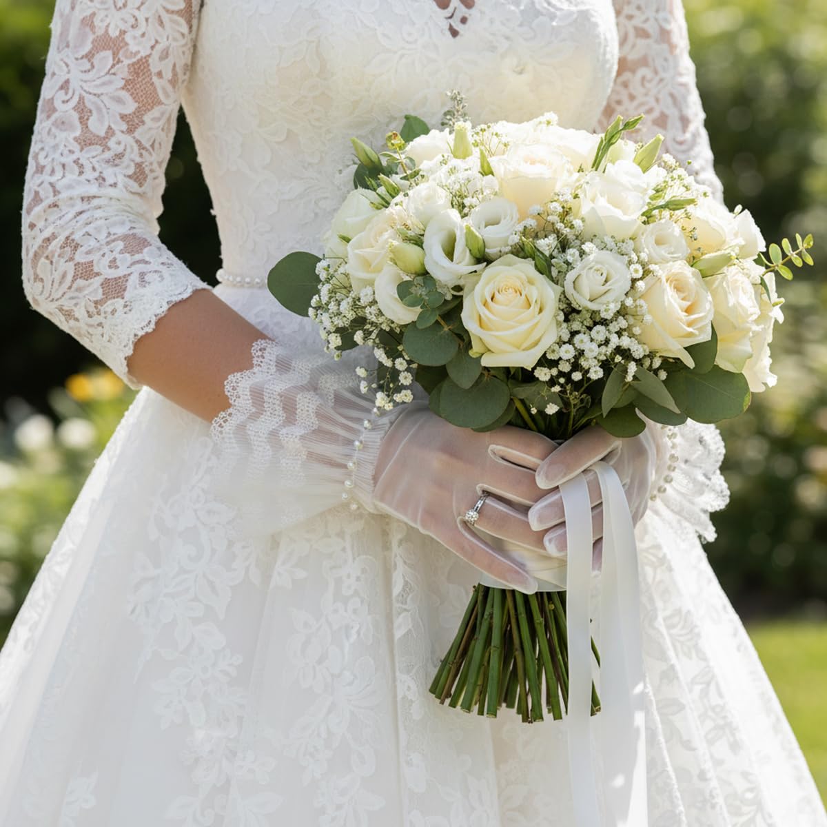 SANNIDHI Short Bridal Gloves for Wedding with Lace Trimmed Pearl Cuffs and Sheer Tulle | Elegant Accessory for Bridal Photography