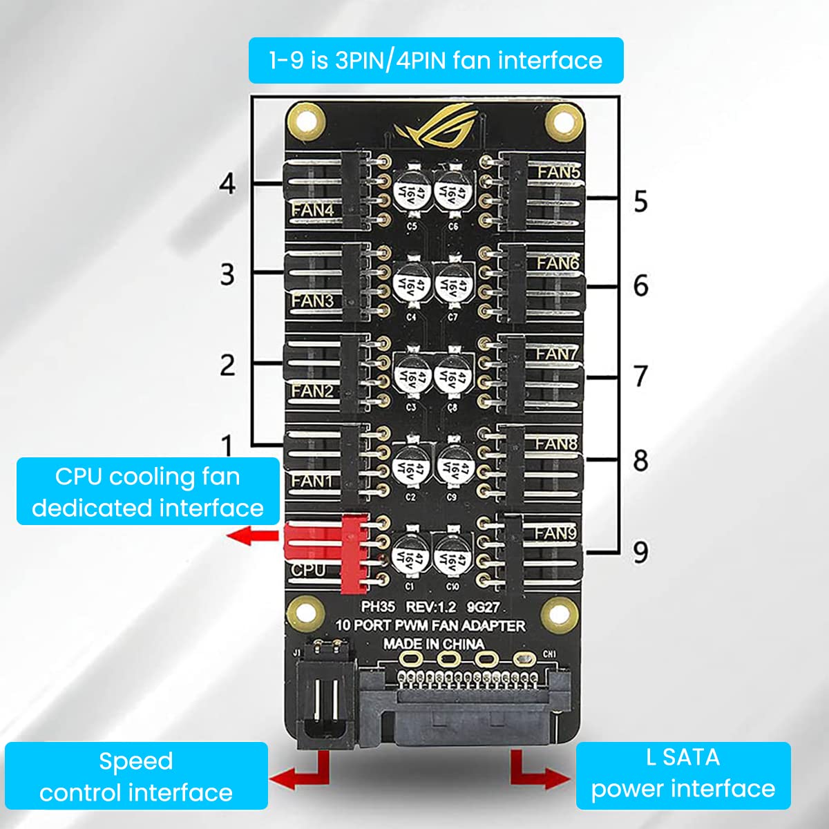 Verilux PC PWM Fan Hub for CPU Cooling with 10 Port 12V 4 Pin Splitter | Easy Install