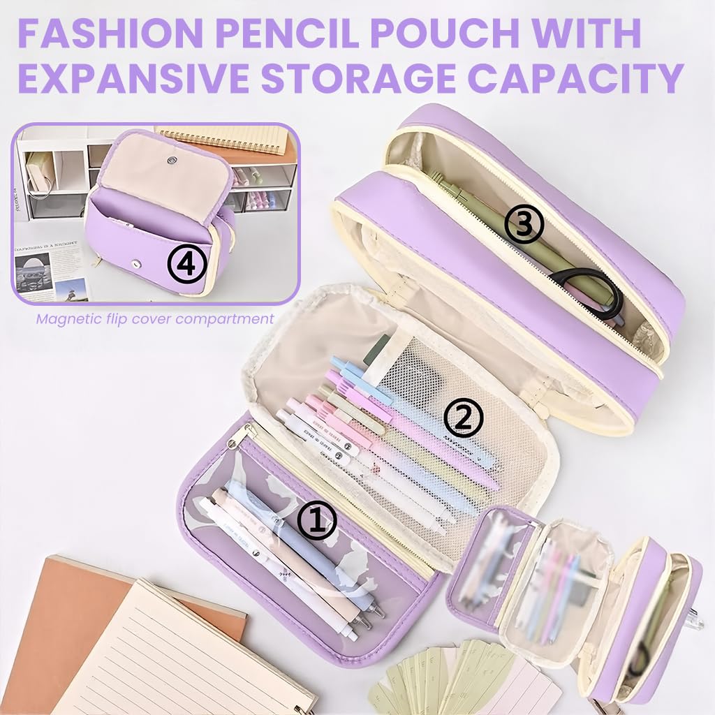 Zibuyu Student Pencil Pouch for School and Office with Multi Layer Mesh Pockets | Purple Organizer