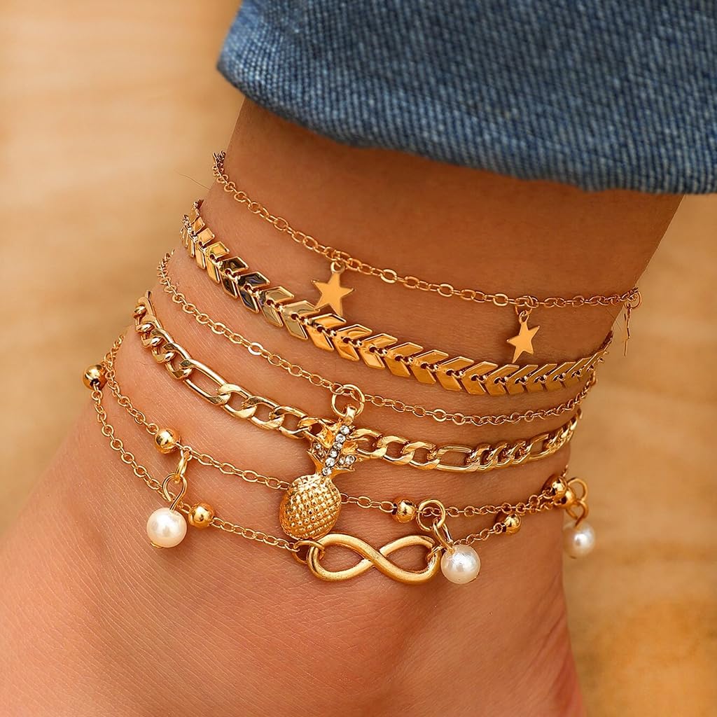 SANNIDHI Anklets for Women Girls 5 Pcs Set with Adjustable Chain in Golden Alloy | Beach and Daily Jewellery