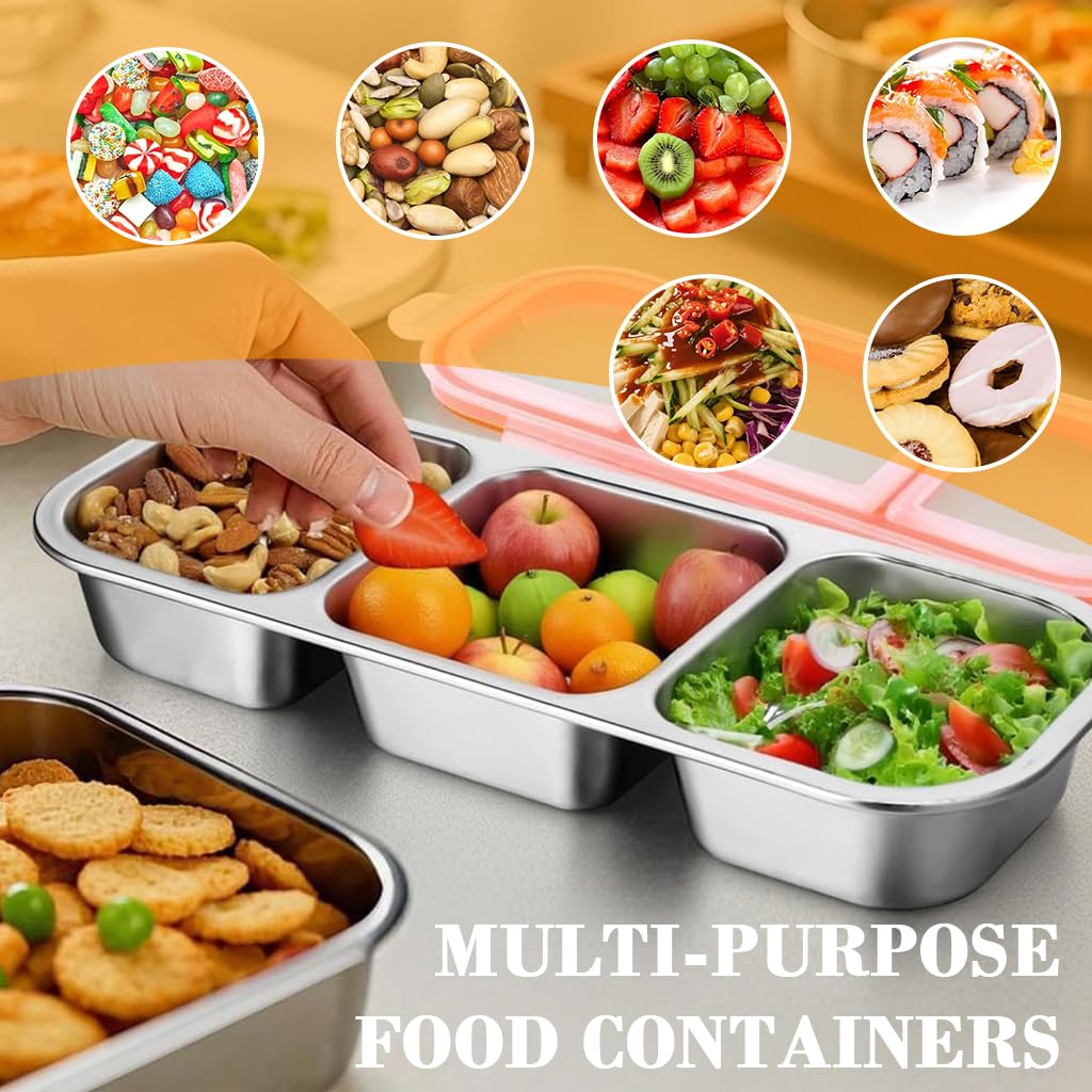 Supvox Food Saver Box for Snacks and Fruits with Airtight Lid and 3 Compartments | 600 ml Stainless Steel Container