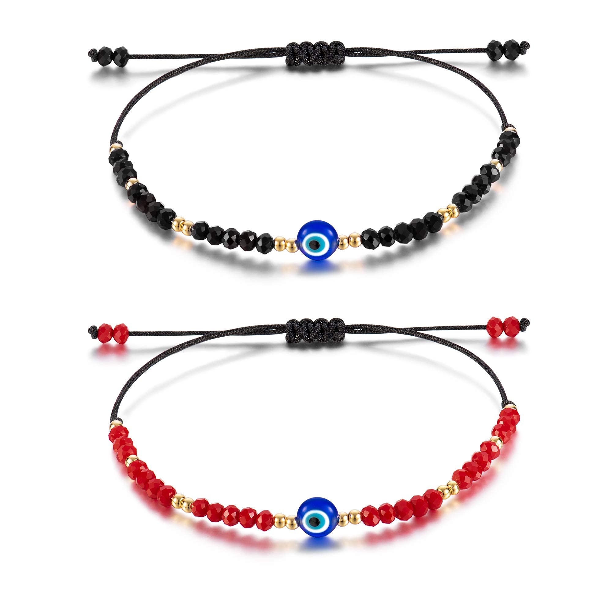 GUSTAVE® Black & Red 2pcs Evil Eye Beaded Bracelets with Blue Sapphire Adjustable String Amulet for Women,Men,Girls & Couple