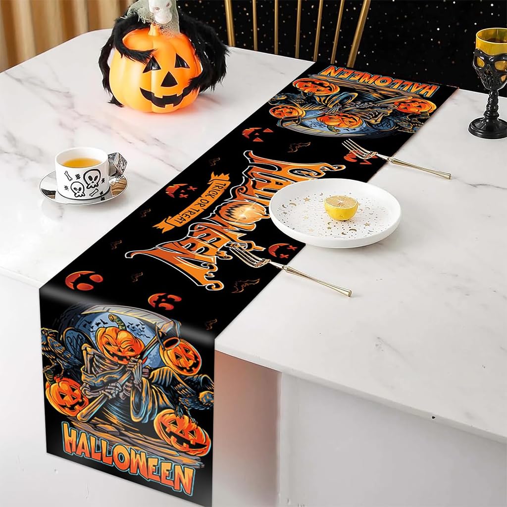 HASTHIP® Halloween Table Runner 12.9x70.8 inches Halloween Evil Pumpkin Linen Cloth Runner for Halloween Table Settings Halloween Table Decorative Dining Table Runner Creative Halloween Home Decor