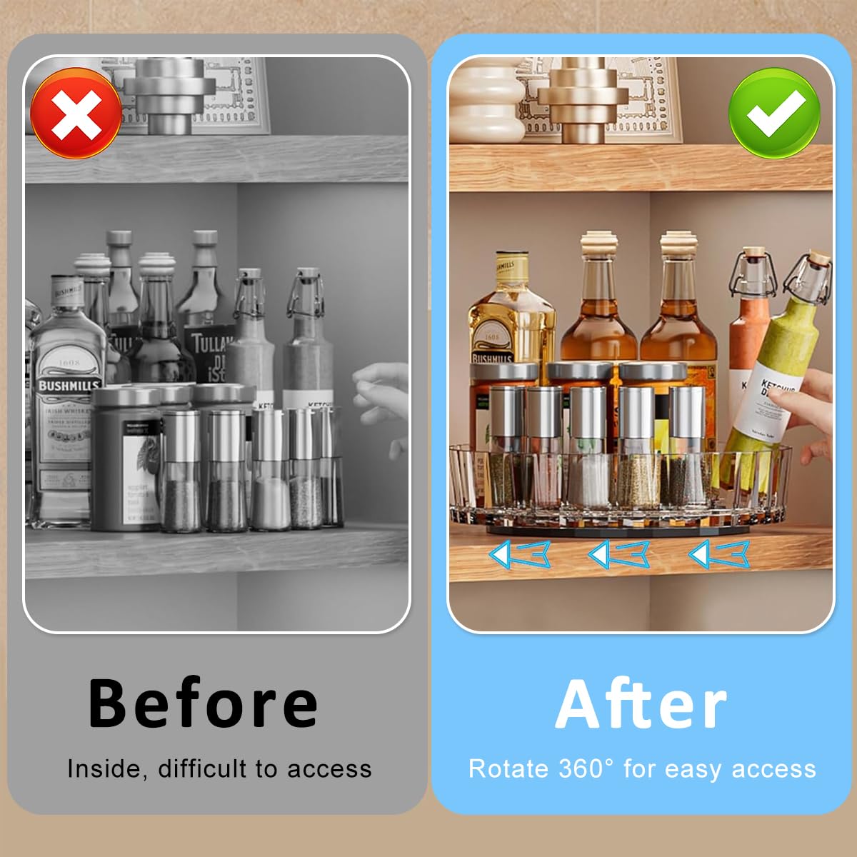 Supvox Spice Rack Turntable for Kitchen Cabinet with 360° Rotating Tray and Clear Plastic Design | 8.26 in Large Capacity Organizer