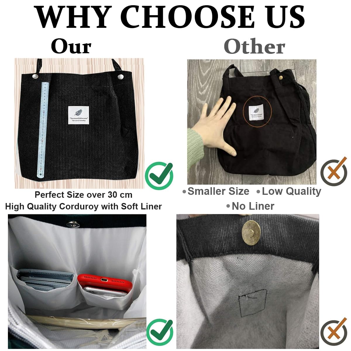 PALAY Tote Bag for Women with Reinforced Handles in Soft Corduroy Black 3PCS | Shopping