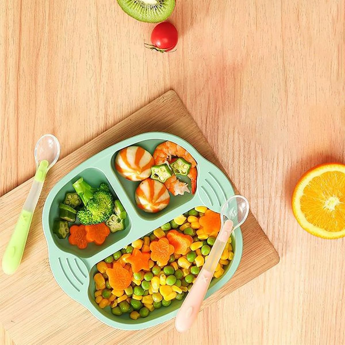 SNOWIE SOFT Baby Suction Plates for Self Feeding with 4 Strong Cups and Spoon & Fork Set