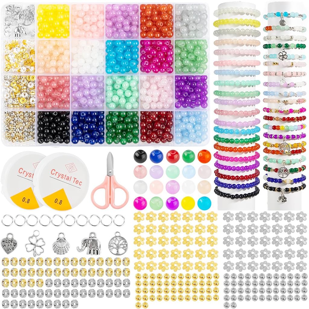 SANNIDHI 6mm Glass Beads for Bracelets 1258pcs, 20 Colors Crystal Beads for Jewelry Making Round Beads Bracelet Making Kit DIY Crafts with Spacer Beads & Charms