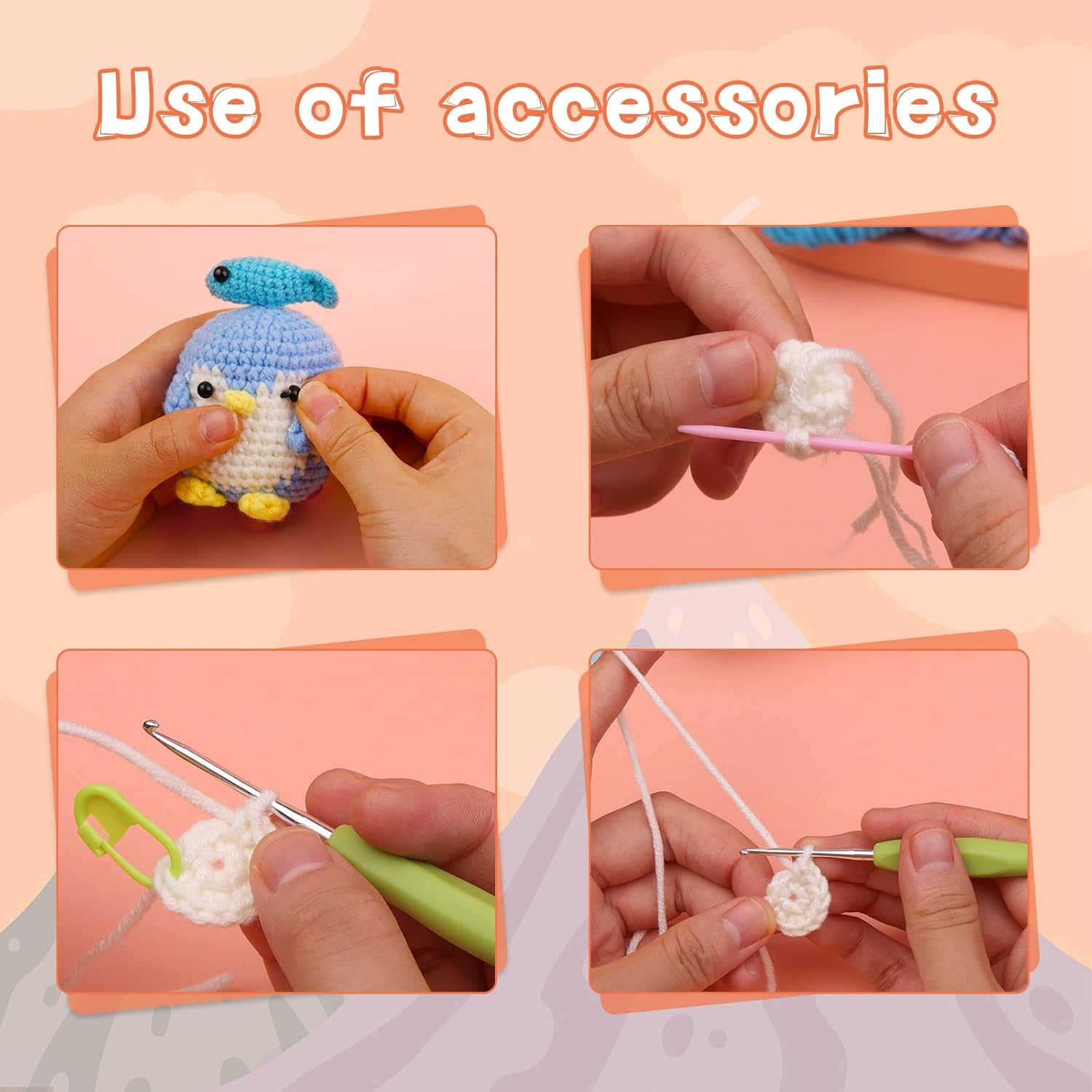 PATPAT DIY Crochet Art Kit Cute Stuffed Penguin Crochet Toy Material Kit Beginners DIY Crochet Kit with Crochet Needles, Yarns, Instruction, DIY Crochet Gift Birthday Gift Car Interior Decor