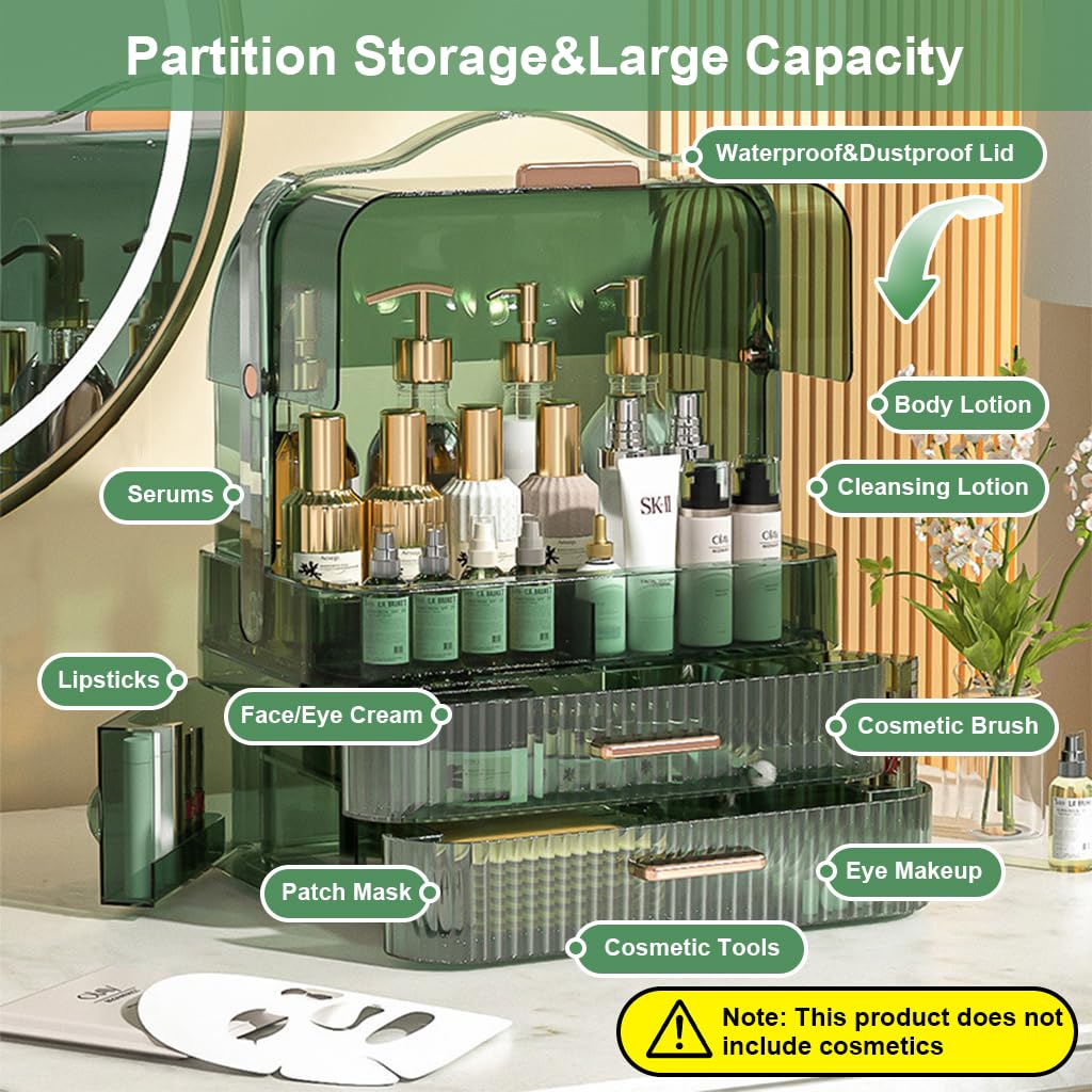 MAYCREATE Dressing Table Organizer for Cosmetics with 34.7x26.5x18.2cm Drawers and Flip-Up Lid | Green Plastic Design