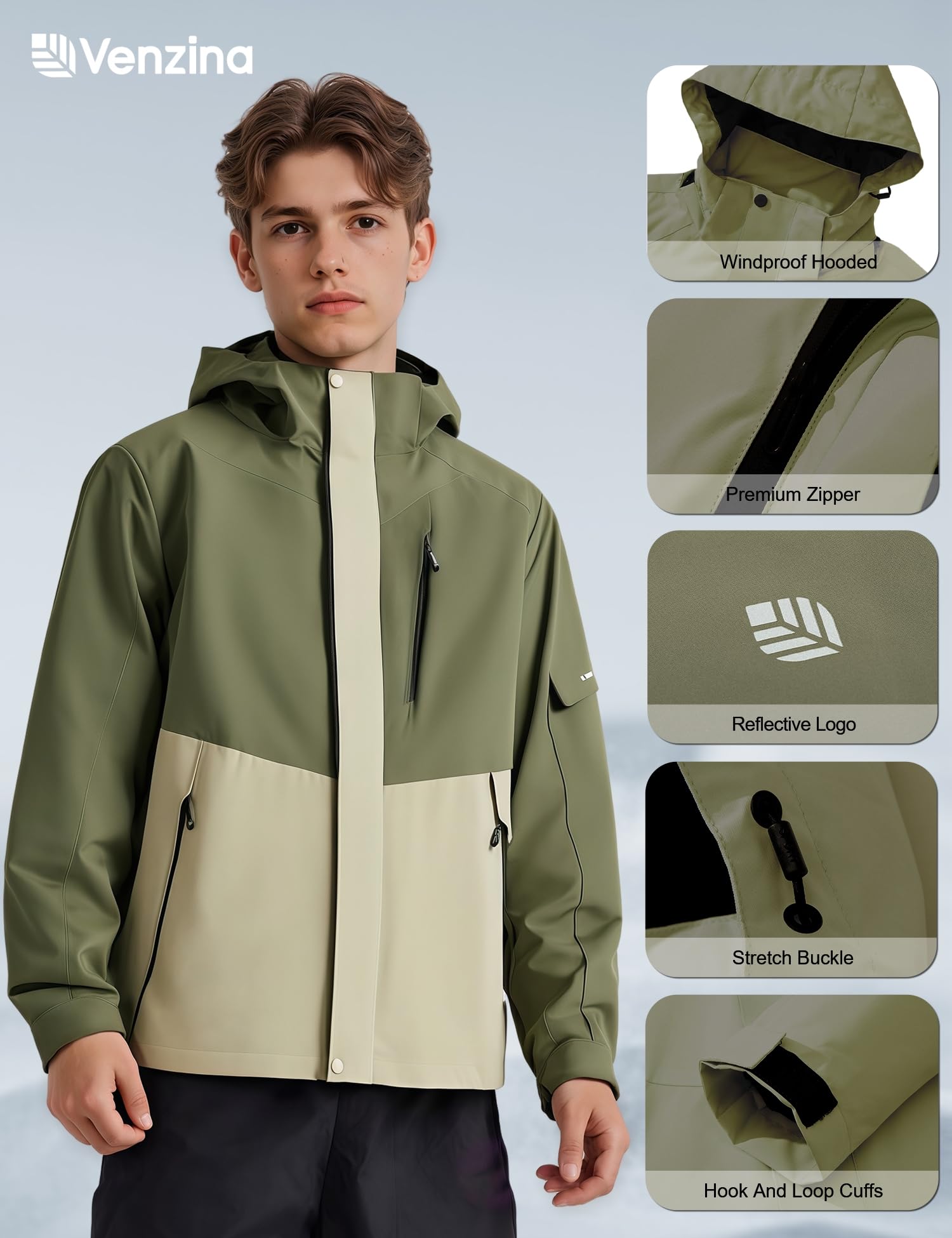 Venzina Men's Lightweight Jacket for Hiking and Cycling with Reflective Sleeves | Breathable Water‑Repellent Windbreaker in Army Green