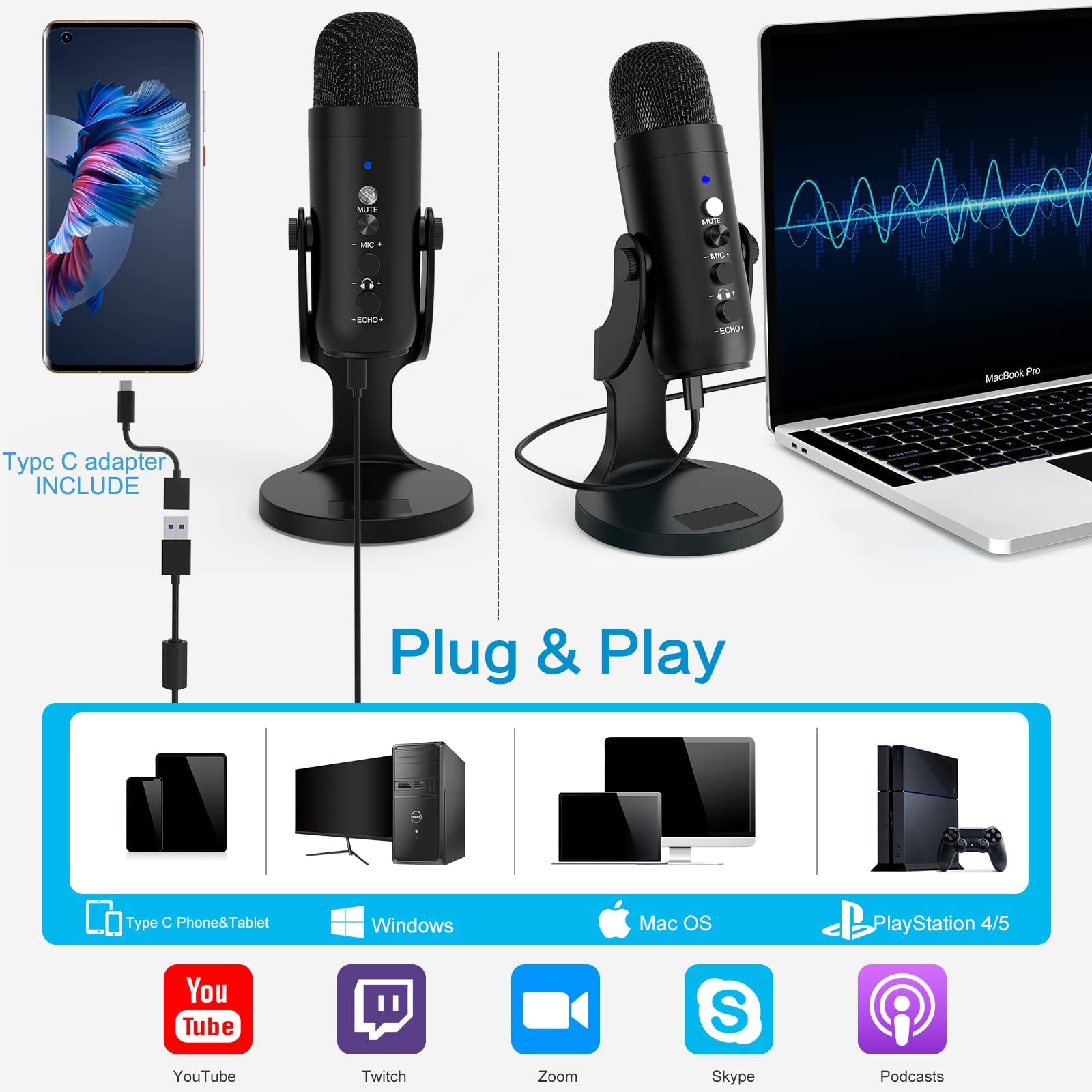 ZORBES Condenser Microphone for YouTube and Streaming with 192kHz 24Bit Audio | Rotatable Stand and Echo Control