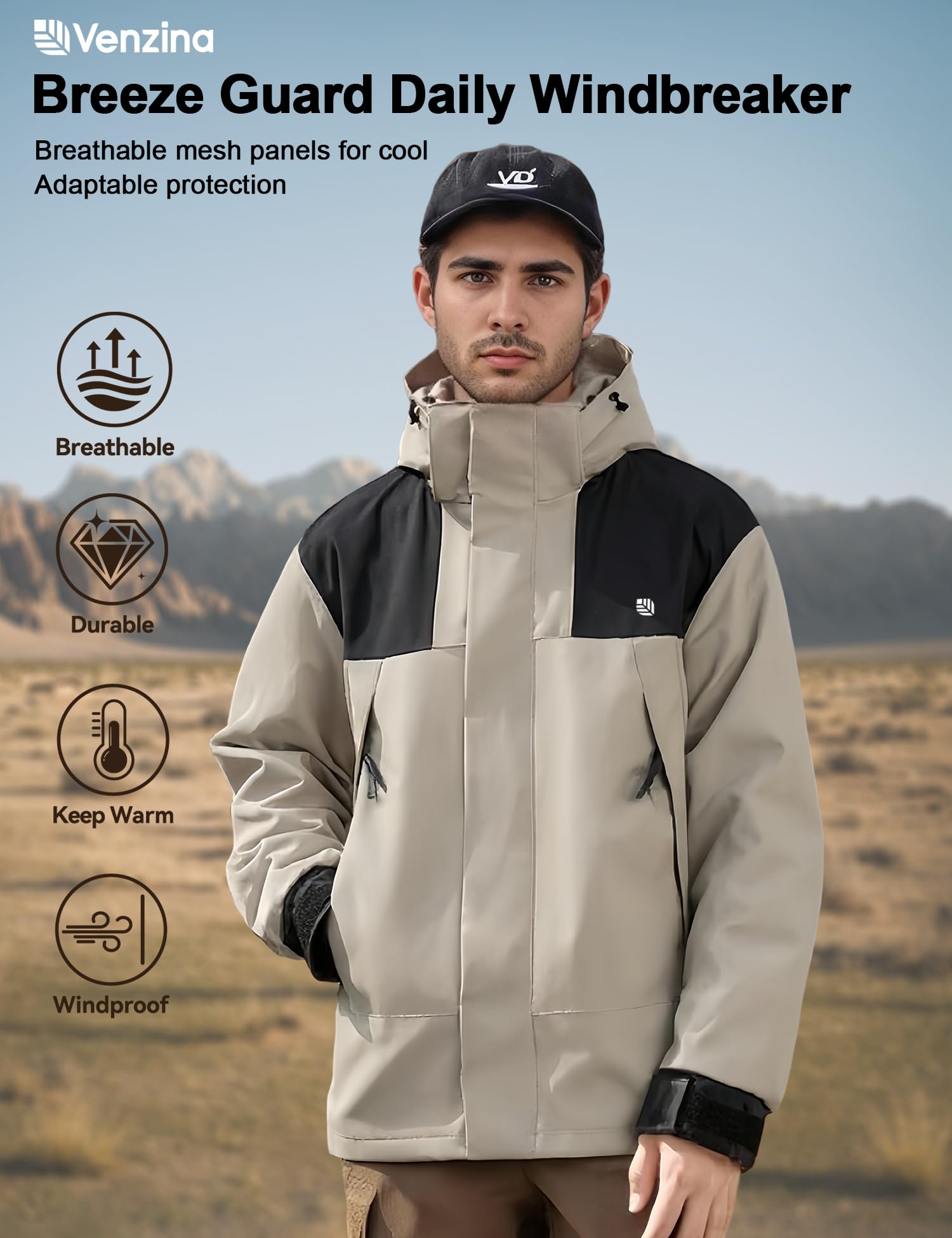 Venzina Men's Windproof Hiking Jacket for Trekking with Detachable Hood and Mesh Liner | Light Khaki
