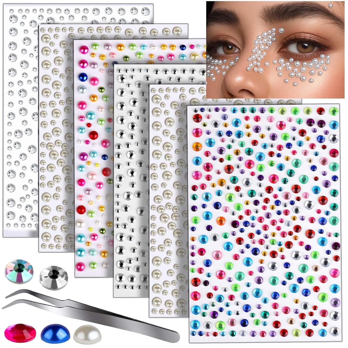 MAYCREATE Face Rhinestone Stickers for Makeup and DIY Crafts with Self Adhesive Backing | 6 Sheets Acrylic Gem and Pearl Designs