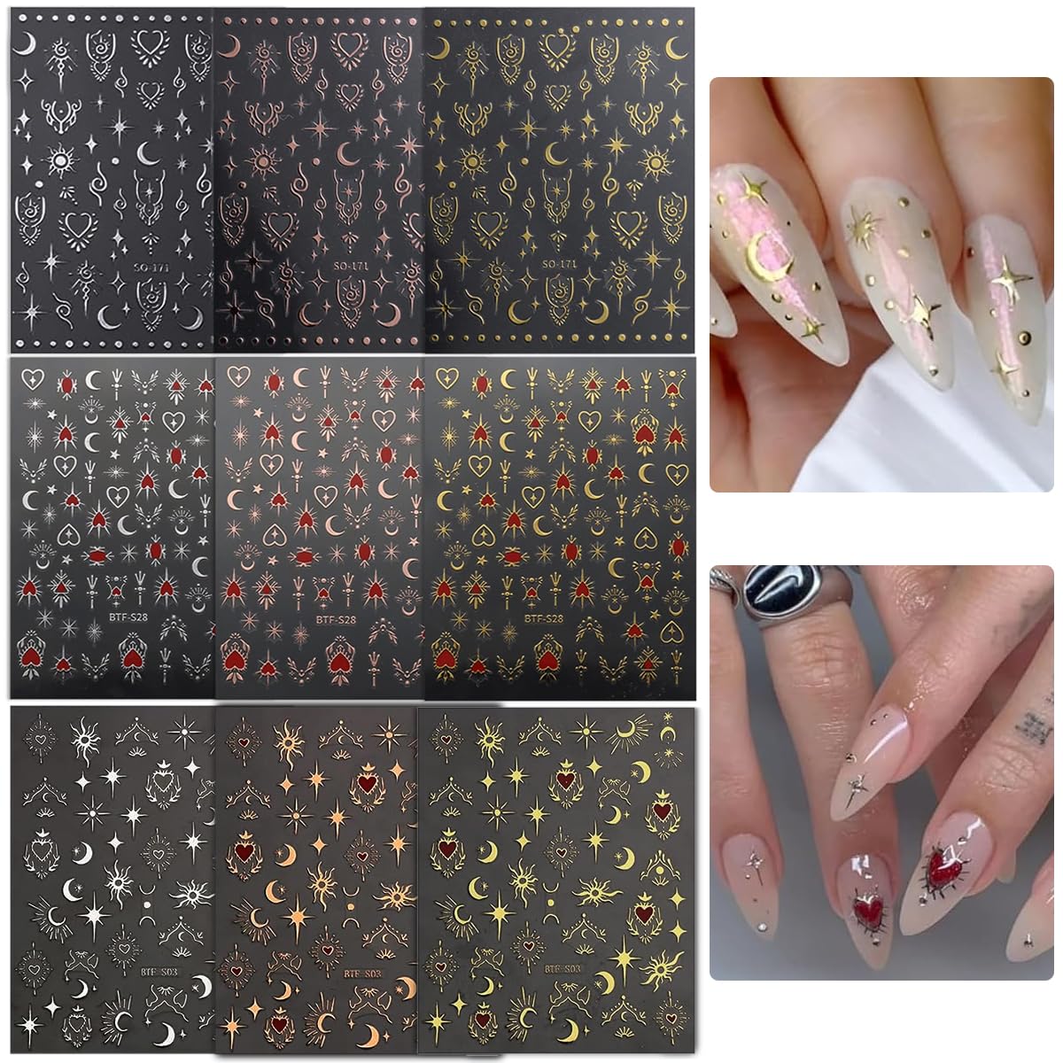 MAYCREATE® 9 Sheet 3D Nail Art Decal Charm Stickers Self-Adhesive Embossed Crescent Sun Nail Art Stickers Decals Extension Nail Decal Stickers Nail Art Design Decoration