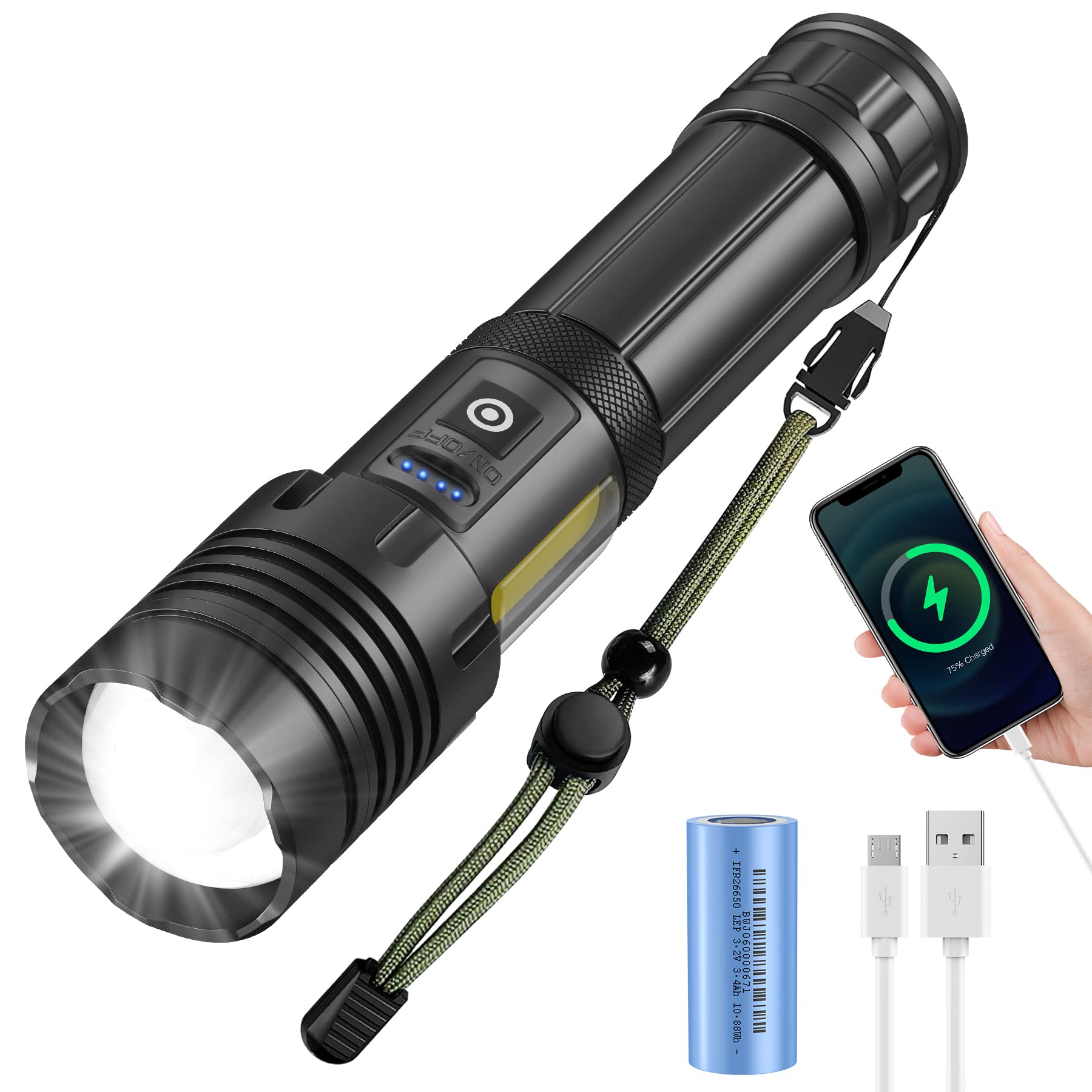 ELEPHANTBOAT  3000 Lumens Rechargeable Flashlight, Long Distance Torch, Super Bright XHP70 Powerful Led Tactical Flashlight, Brightest High Powered Flash Light, Emergency Handheld Flashlight