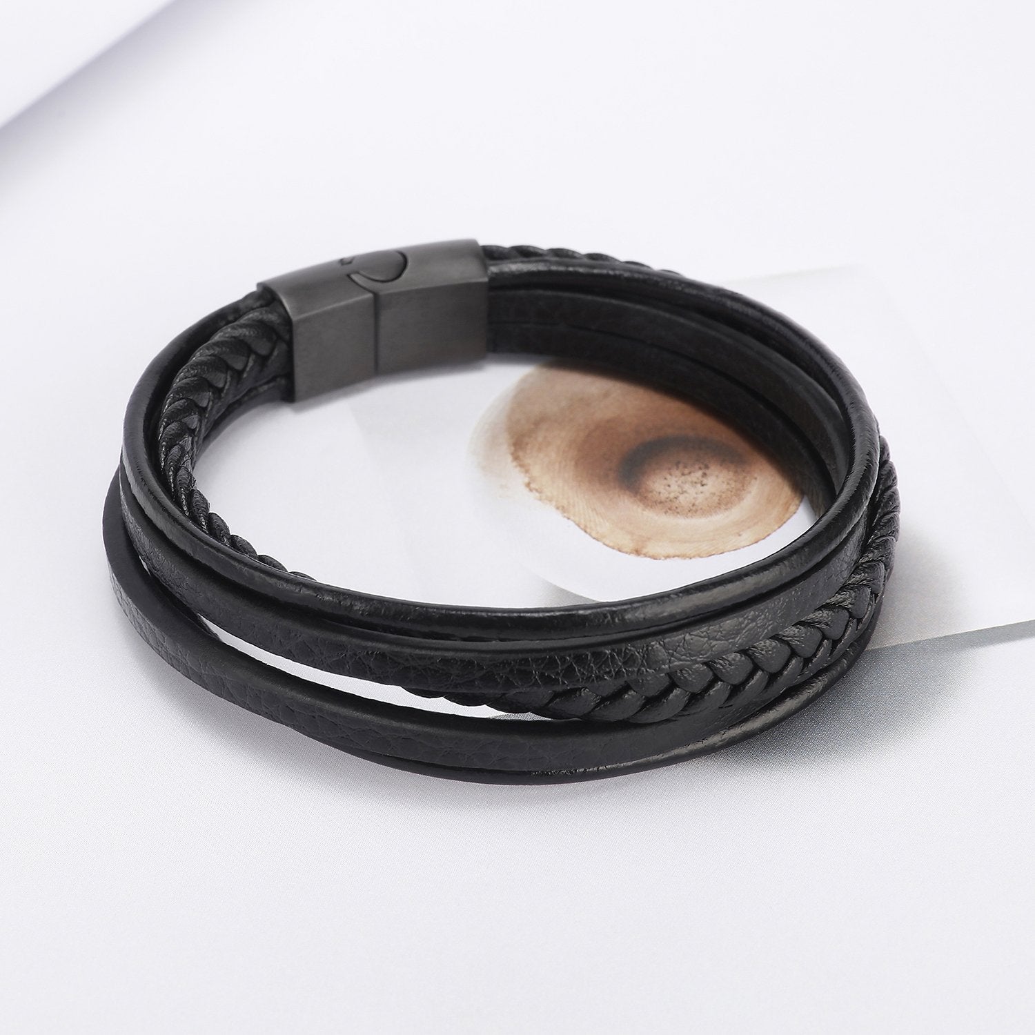 ZIBUYU Braided Leather Bracelet for Men Classic Multilayer Leather Hoop Bracelet Leather Bracelet with Alloy Clasp Fashion Piece Bracelet for Women Men Black Leather Hoop Bracelet