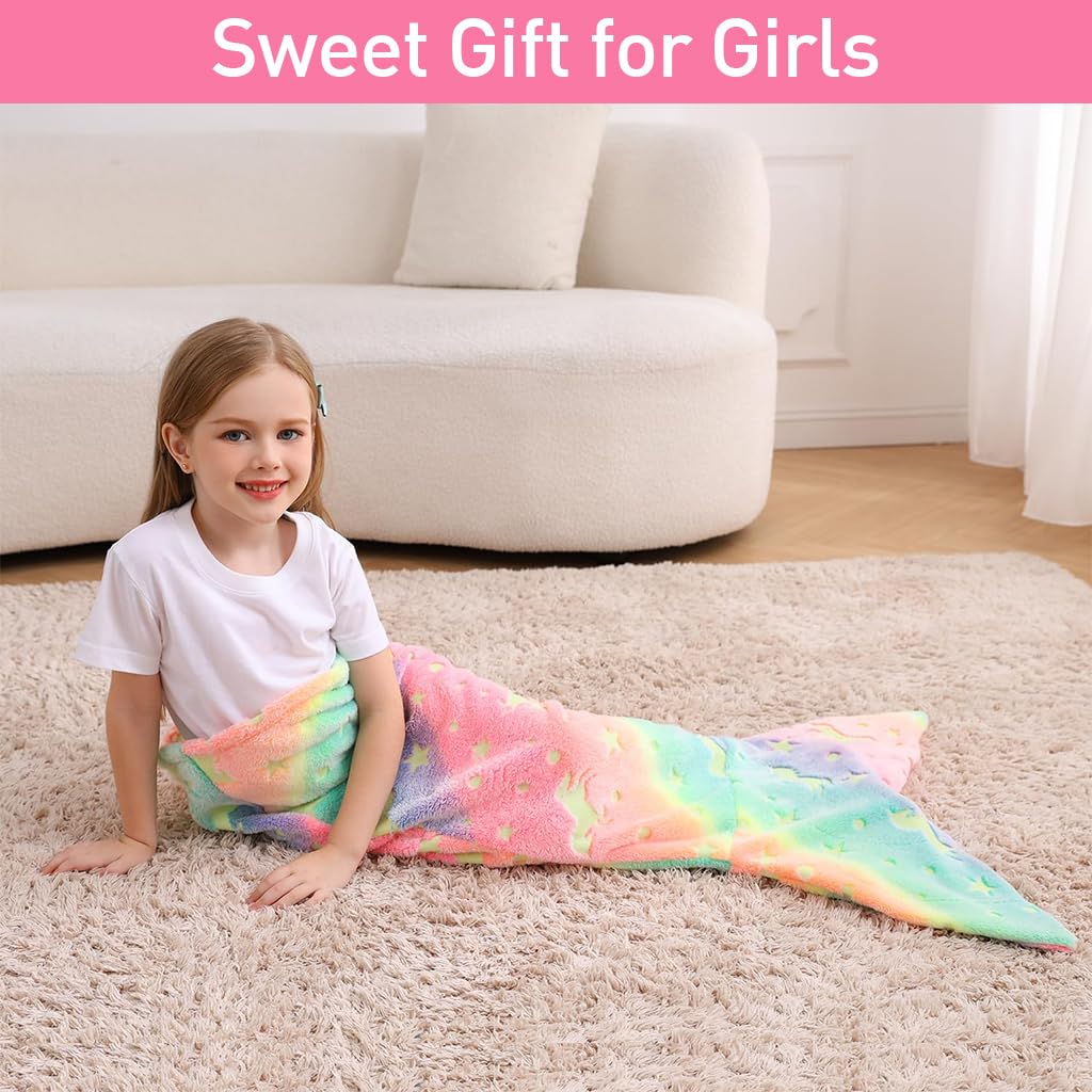 SNOWIE SOFT Mermaid Tail Blanket for Kids 17x39 in featuring Glow in the Dark Flannel | Cozy Gift for Girls