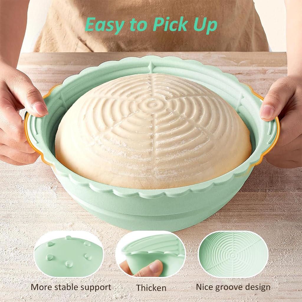 HASTHIP® 9.6-Inch Silicone Bread Basket, Round Folding Silicone Bread Proofing Basket, Food-Grade BPA-Free, Non-Stick Bread Baking Supplies for Sourdough, Artisan Bread (Green)