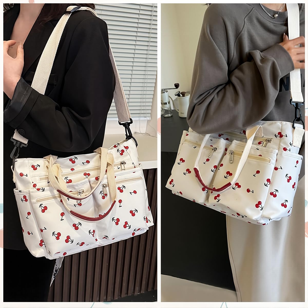 PALAY Tote Bag for Women with Dual Carrying Options and 39 x 15 x 26cm Storage | Cherry Nylon Design