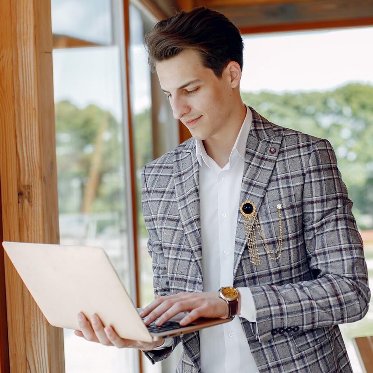 Venzina Chain Brooch for Men featuring Gold Coin Tassel and Blue Enamel Design | Ideal for Suits and Weddings