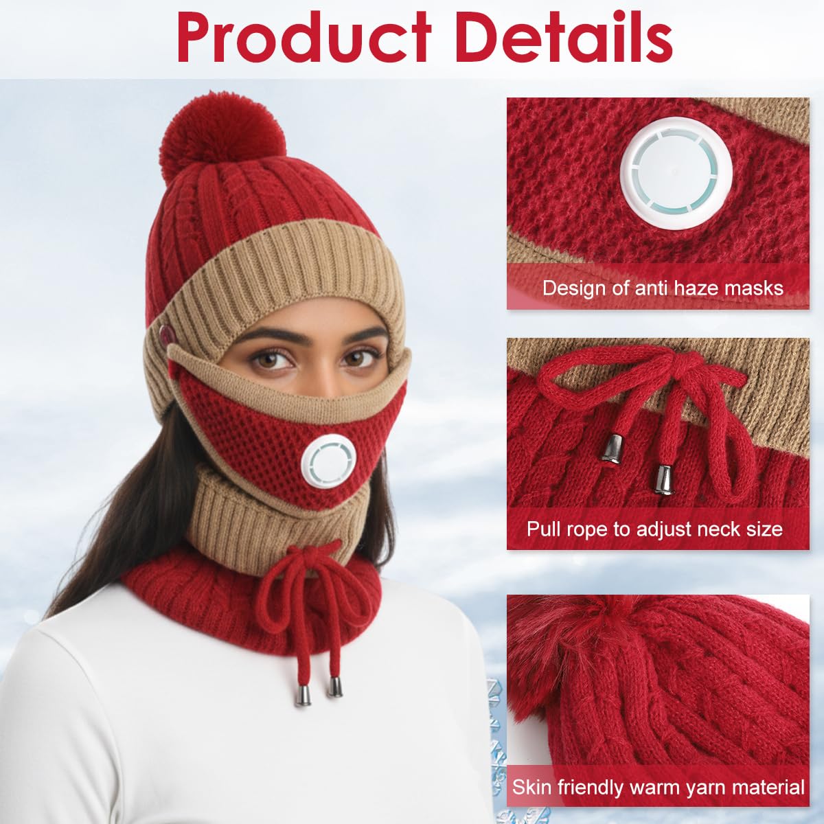 SANNIDHI Winter Cap for Women with Detachable Face Mask and Adjustable Neck Gaiter | Plush Lined Warm Hat in Red and Khaki