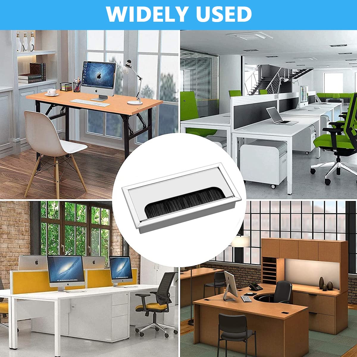 HASTHIP Rectangular Wire Cable Hole Cover for Office Desk with Flip Lid and Brush 280x80mm Silver