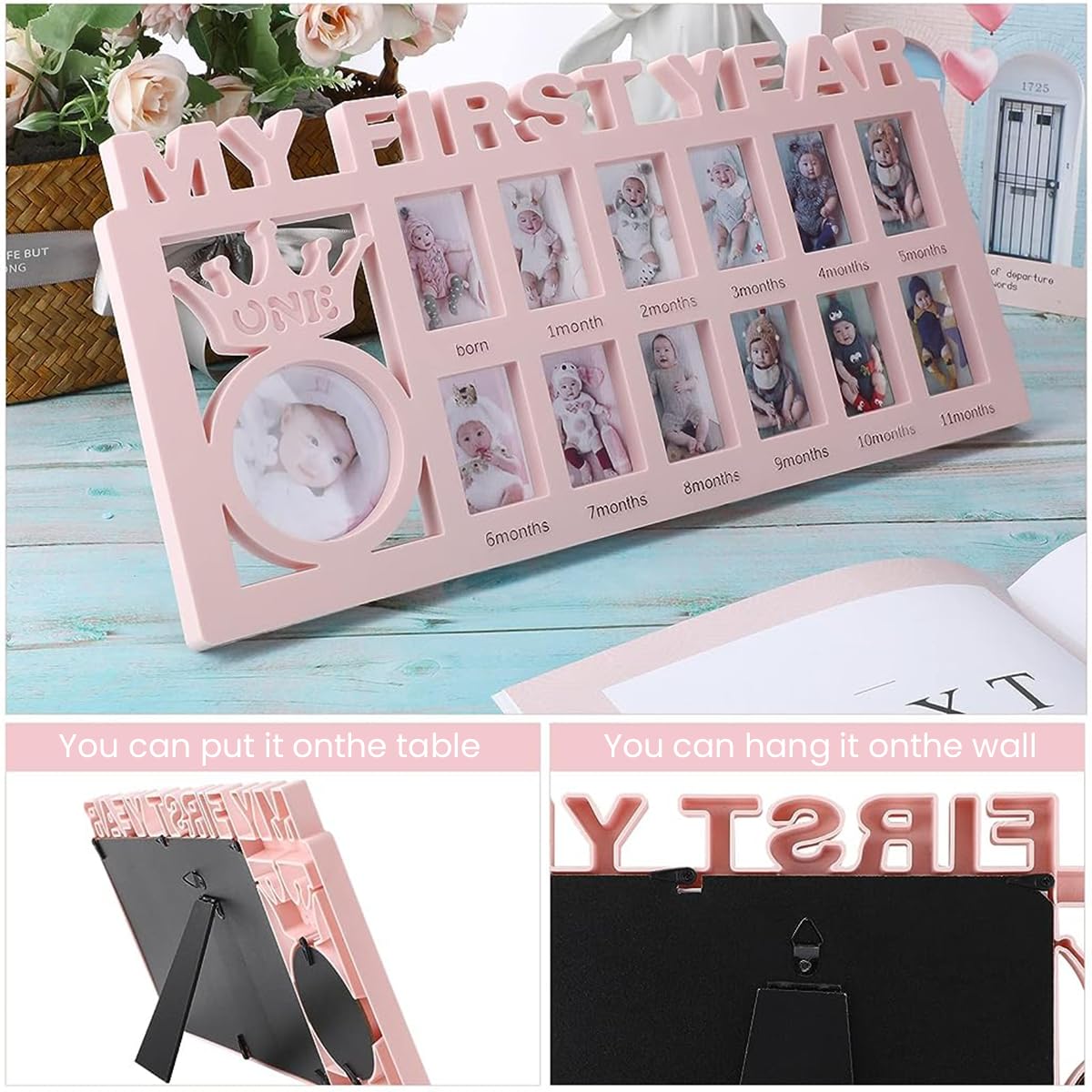 SNOWIE SOFT Photo Frame for Baby First Year Milestones with 12 Slots 42×21.5×2.8 cm | Pink Nursery Keepsake