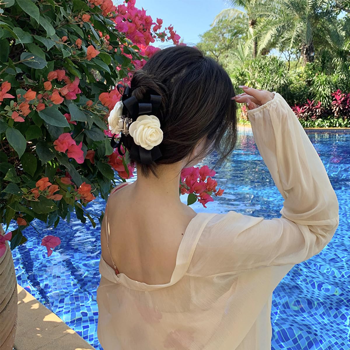 PALAY Large Bow Hair Claw Clip for Women featuring Camellia Flower Design | Elegant Black Accessory