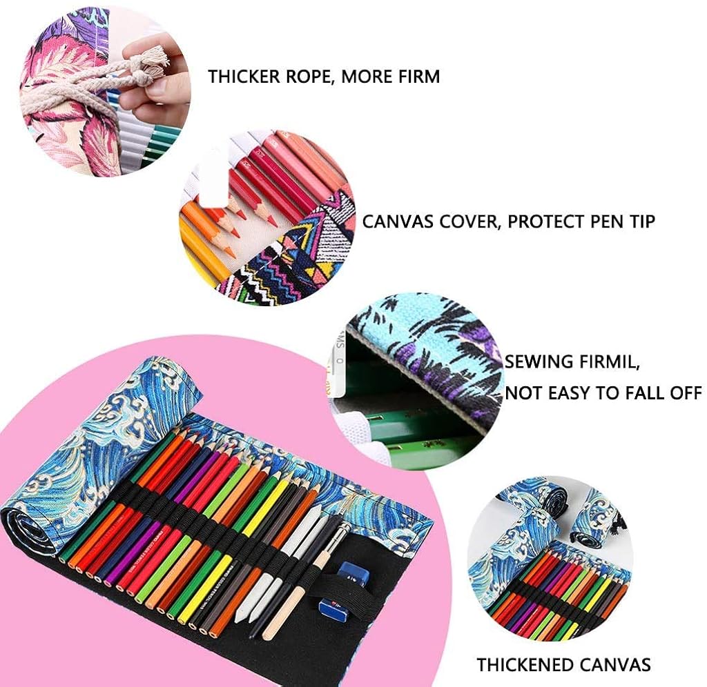 PATPAT® 72 Holes Canvas Pencil Wrap Case for Adults and Kids Colored Roll Up Pouch Package Sketching Drawing Writing Storage Constellation Goldust Ocean 2PCS