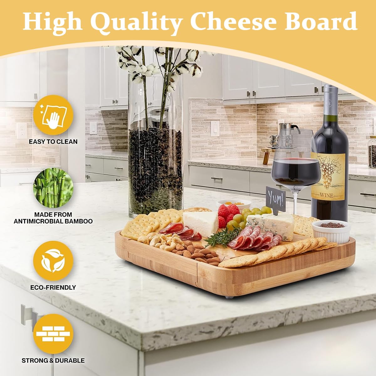 Supvox® Bamboo Charcuterie Board Set With Knife Kit & Ceramic Bowls - 33cm Square Cheese & Meat Platter - Ideal For Elegant Social Gatherings & Special Occasions - Eco-Friendly Serving Tray