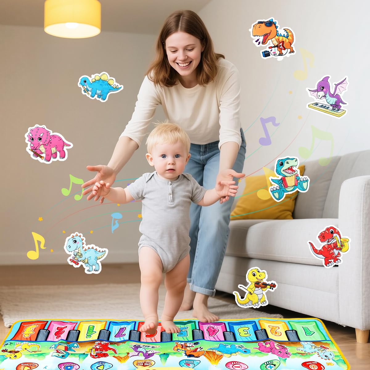 PATPAT Dinosaur Piano Keyboard Musical Mat for Kids with 10 Sounds and 43.3x14.2 in Size | Educational Gift for 1–6 Year Olds