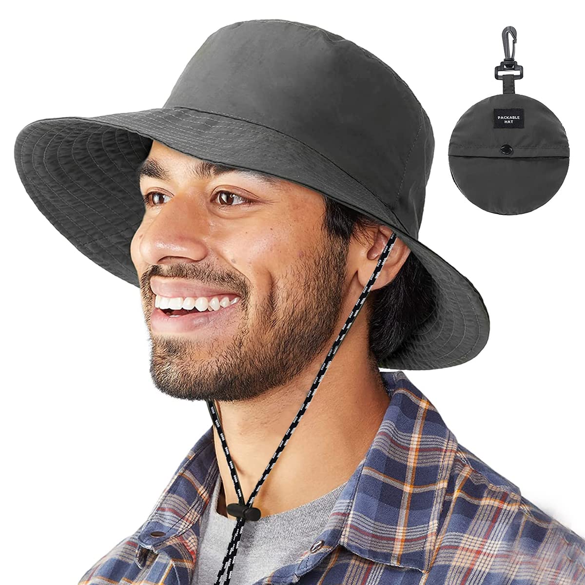 GUSTAVE Sun Hat For Man Women Lightweight Bucket Hat Folding Pocket Wide Brim Bucket with Windproof Chin Strap Waterproof Bucket Hat for Hiking, Fishing, Camping