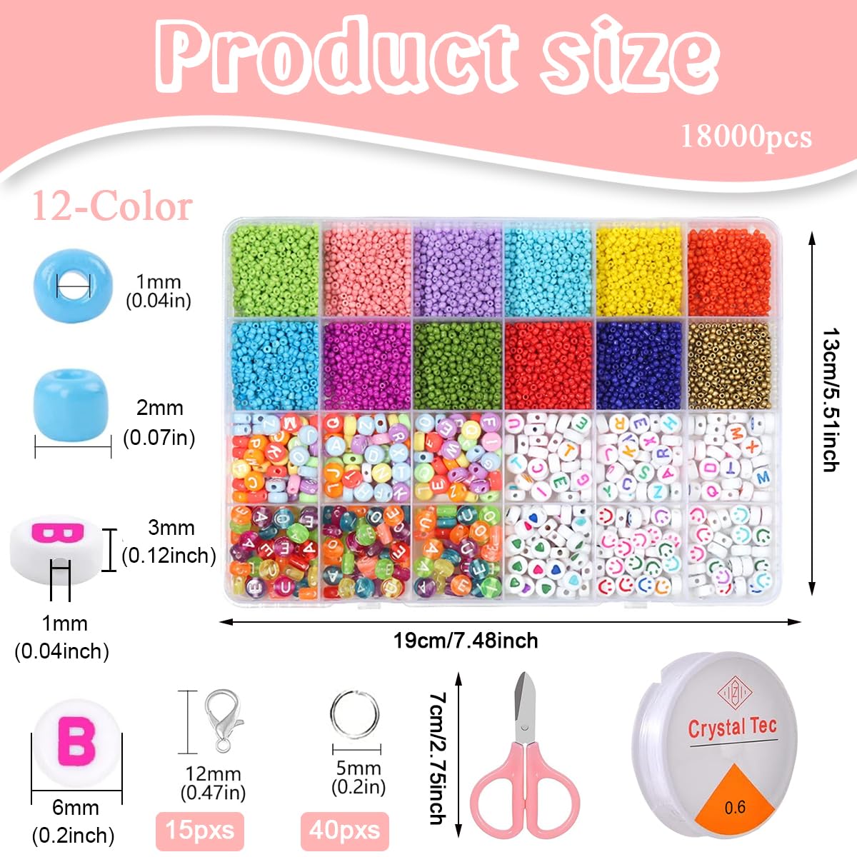 SANNIDHI Glass Seed Beads Alphabet Beads Kit 12-Color 2mm Seed Beads for Jewellery Making Colorful Letter Beads for Bracelet Making Smile Heart Spacer Beads with String, Scissors, Clasps