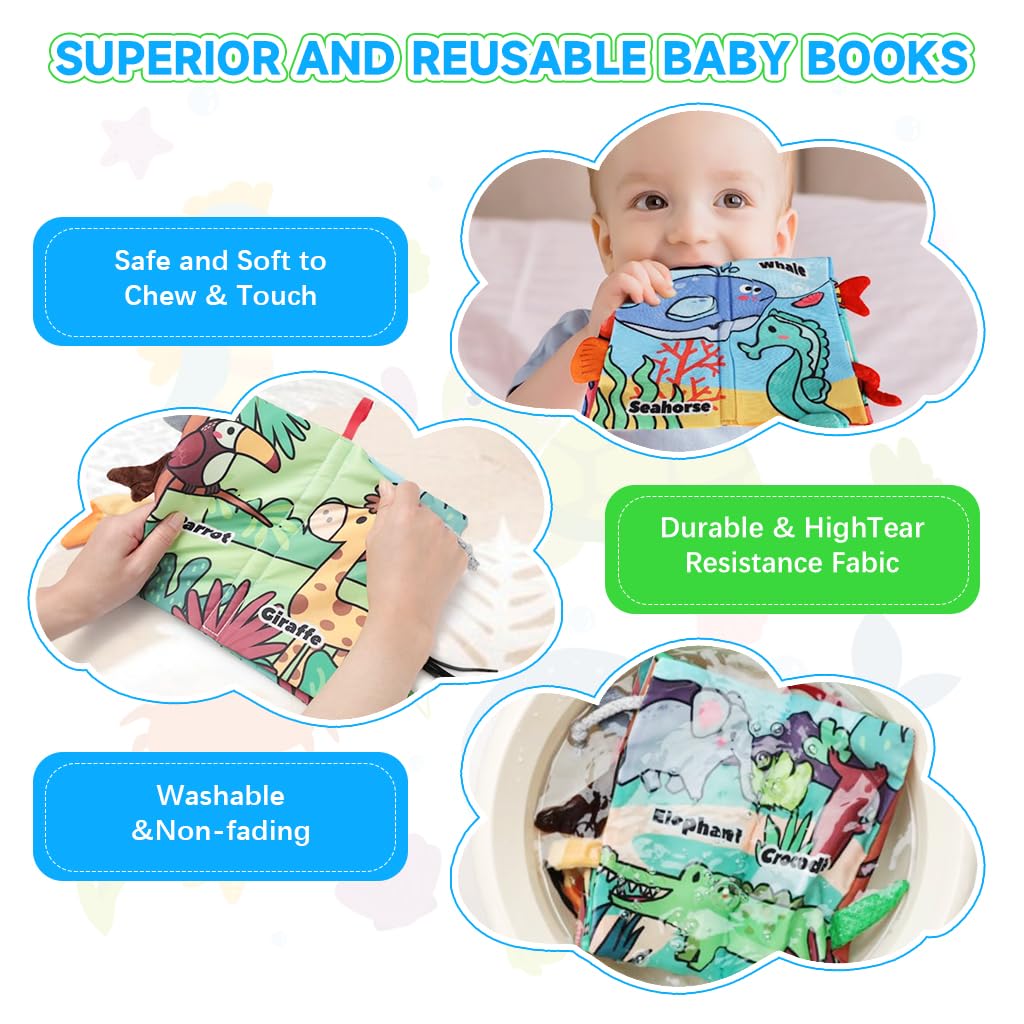 SNOWIE SOFT 2Pcs Cloth Book for Baby Fun Animal Tail Cloth Books for 6-12 Months Built in Sound Device Sensory Cloth Books Travel Baby Play Books Interactive Cloth Books Baby Gift Shower Gift