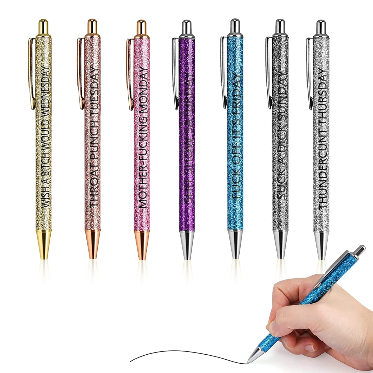 HASTHIP® 7Pcs Ballpoint Pen, Seven Days of The Week Pen, Glitter Metal Pen Rod Funny Ballpoint Pen for Marking, Sketching, Highlight, Office Stationery, Gift for Colleague, Black Ink 1.0 mm