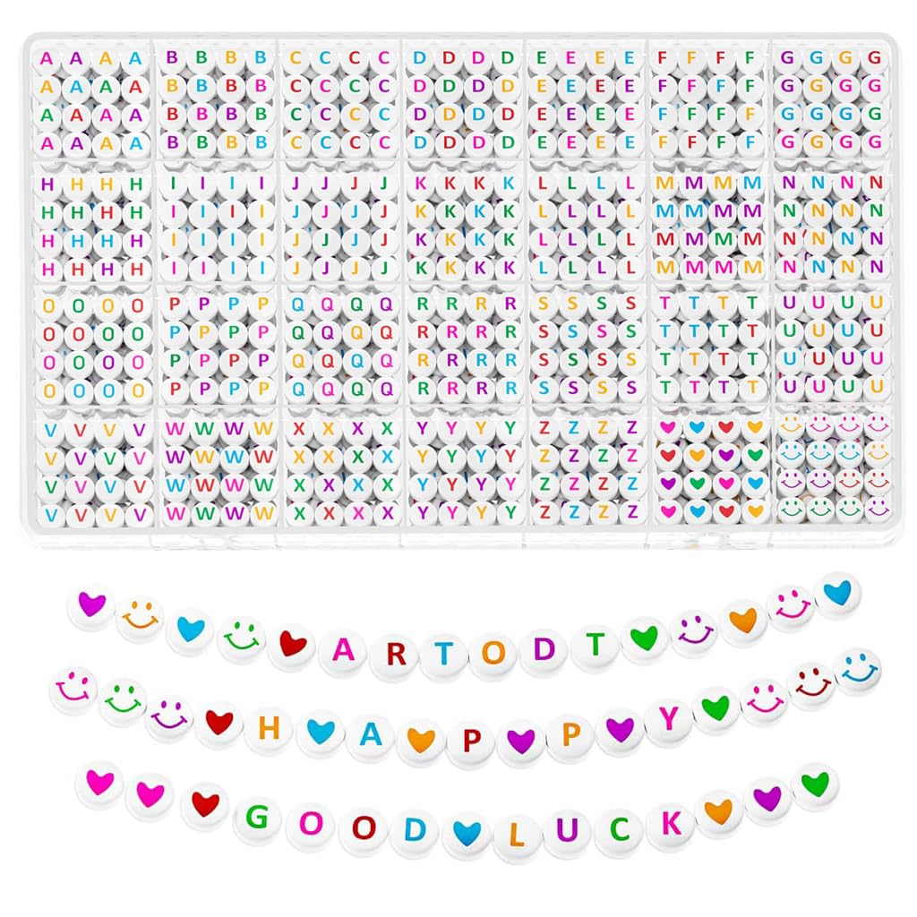 SANNIDHI Alphabet Beads Kit for Bracelet Making with 1400 pcs A‑Z Letters and Smiley Hearts | Multicolour Acrylic DIY Jewelry Set