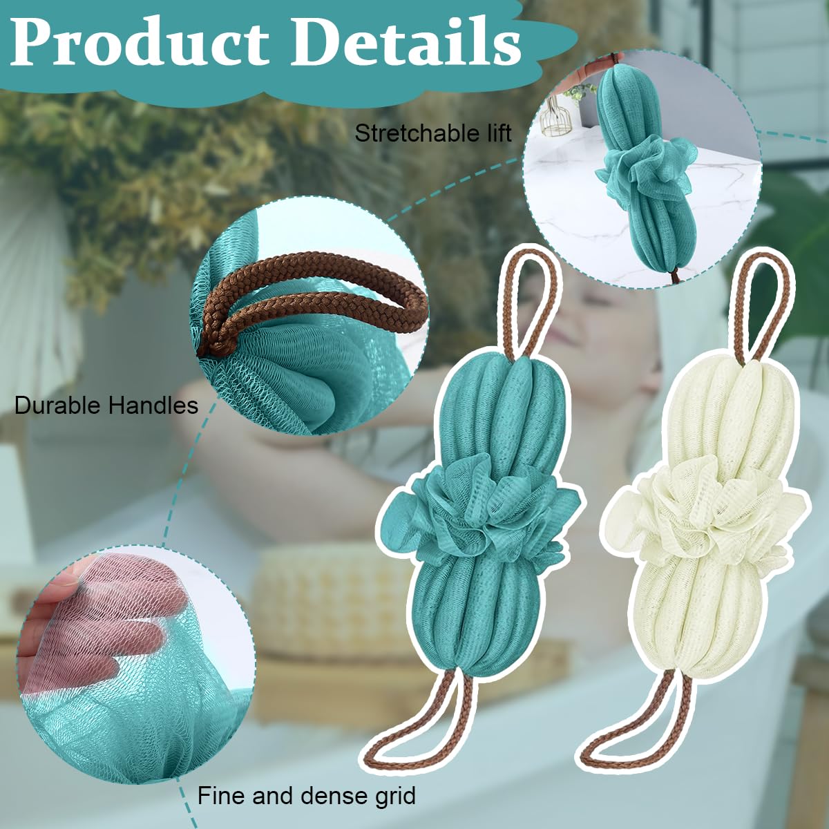 MAYCREATE Bath Shower Loofah Sponge 2 Pack with Dual Rope Handles 24–100 cm | Navy and Green Exfoliating Back Scrubber for Women and Men