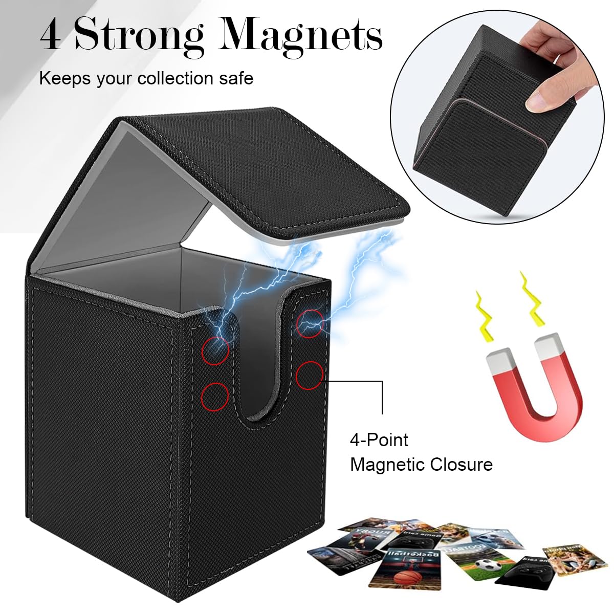 PATPAT Card Holder for 100+ Trading Cards with Flip Up Closure and PU Leather Design | Black 7.1x6.7x9.5cm