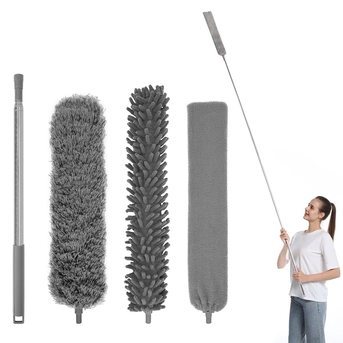 HASTHIP® Microfiber Duster 3 in 1 Microfiber Duster Set, Bendable Chenille Dusters Three Duster Head with Extendable Handle Bar Feather Duster for Ceiling Fan, High Ceiling, Blinds, Furniture, Cars