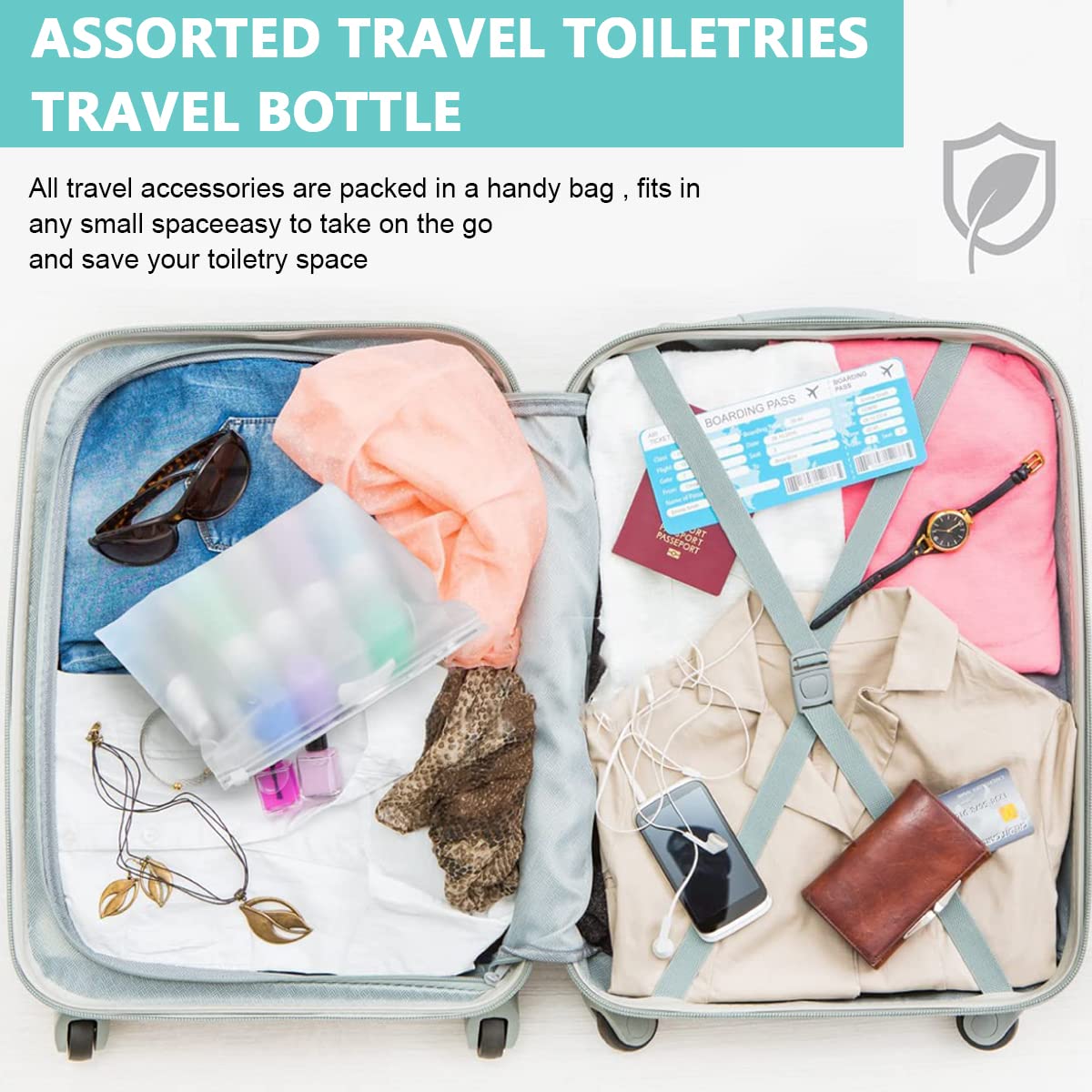 MAYCREATE Travel Bottles Set for Toiletries featuring 14pcs Leakproof Silicone Containers | Refillable Kit with Cream Jars and Spray Bottles