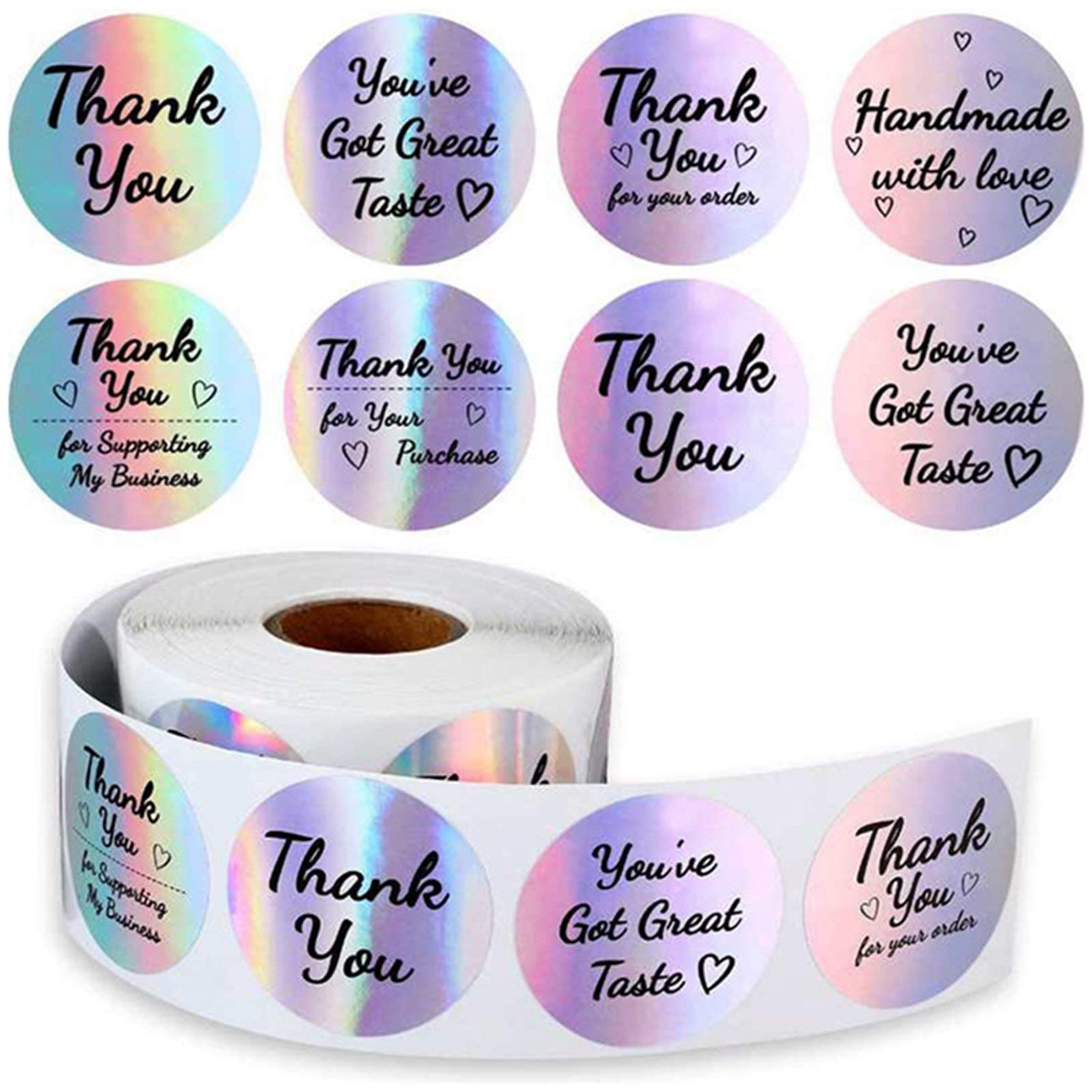 HASTHIP Thank You Stickers Roll for Gifts and Business Packaging with 500 pcs 1.5 in Holographic Round Labels | 8 Rainbow Styles
