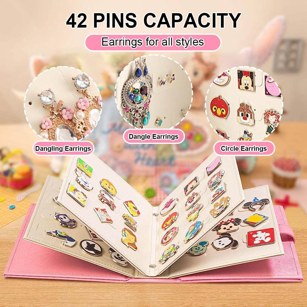 MAYCREATE Earring Organizer for Travel with 42 Pair Storage and Snap Button Closure | Pink PU Leather Case for Girls