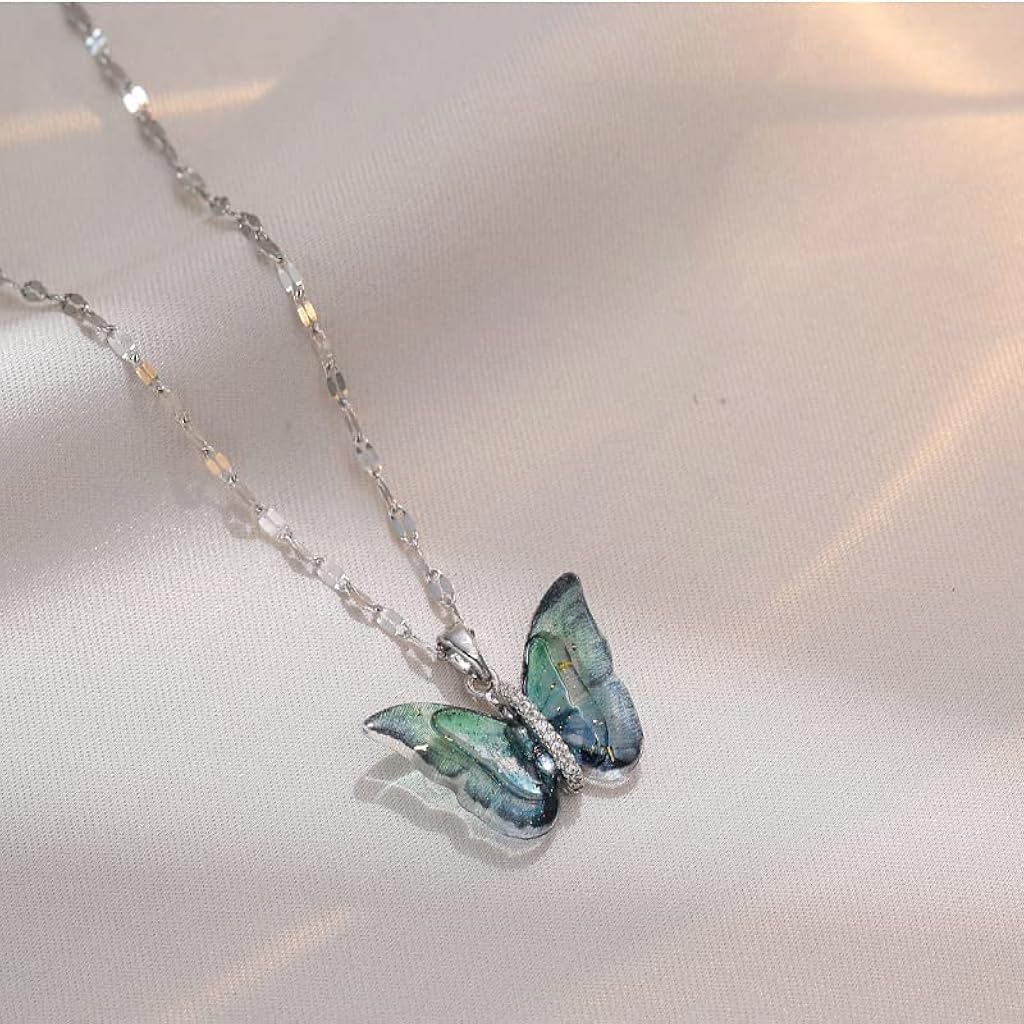 Zibuyu Butterfly Necklace for Women featuring Blue Cubic Zirconia and Adjustable 15.75+3.94 in Titanium Steel Chain