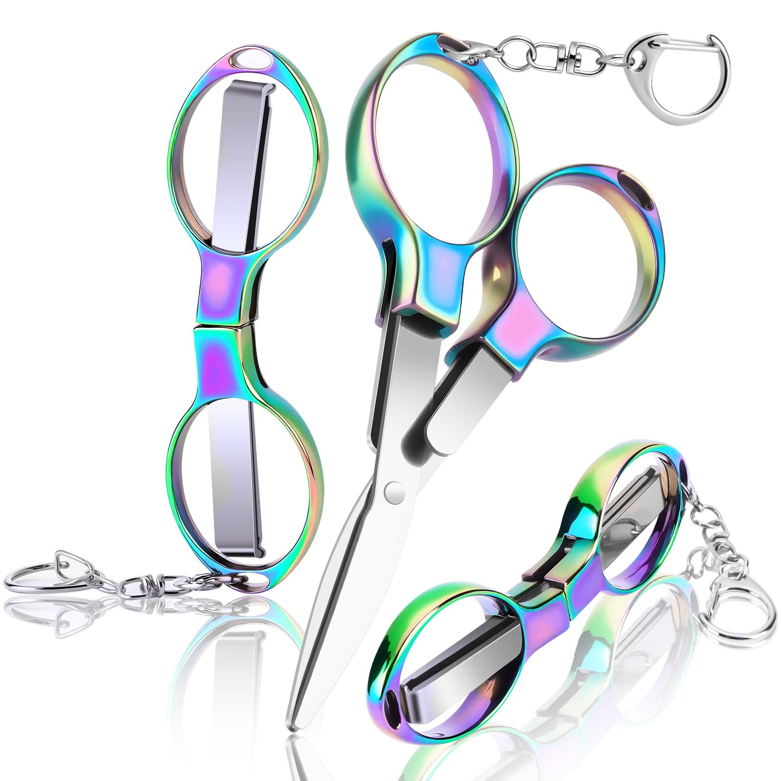 OFIFO® 3 Pcs Folding Stainless Steel Portable Mini Badge Scissors with 3 Keychains, Safety Foldable Pocket Travel Small Scissors All Purpose for Nurse Accessories, Travel, Office, Craft, Sewing-Color