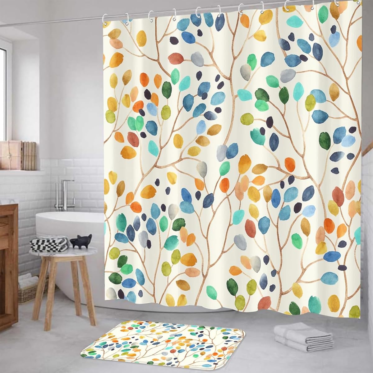 HASTHIP Boho Leaf Bathroom Set for Modern Indian Homes featuring Waterproof Curtain | 3-Piece Combo with Toilet Cover and Absorbent Mat