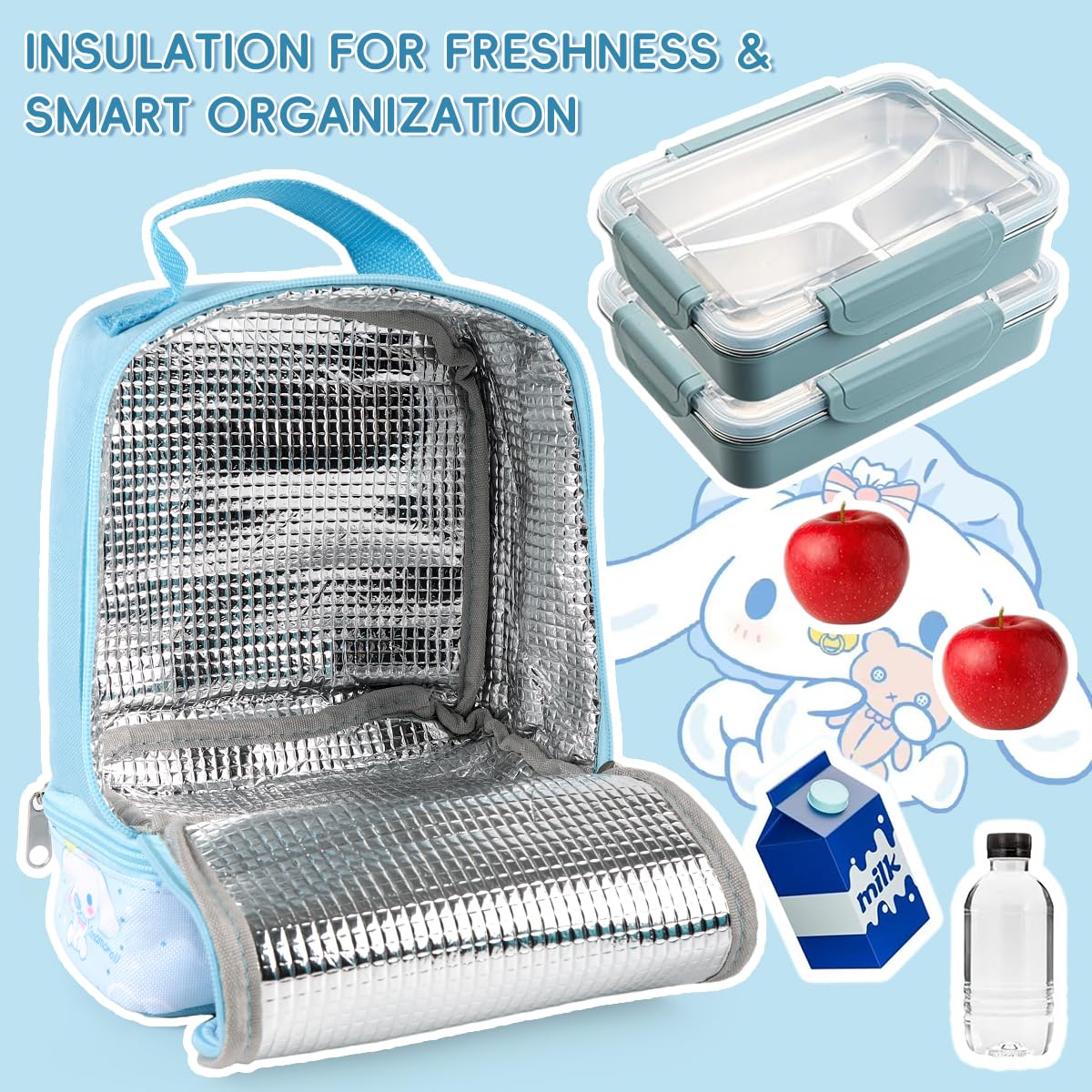 HASTHIP Student Lunch Bag for School and Picnic with Double Layer Insulation 18x10x24cm | Waterproof 600D Oxford Kawaii Cinnamon Design