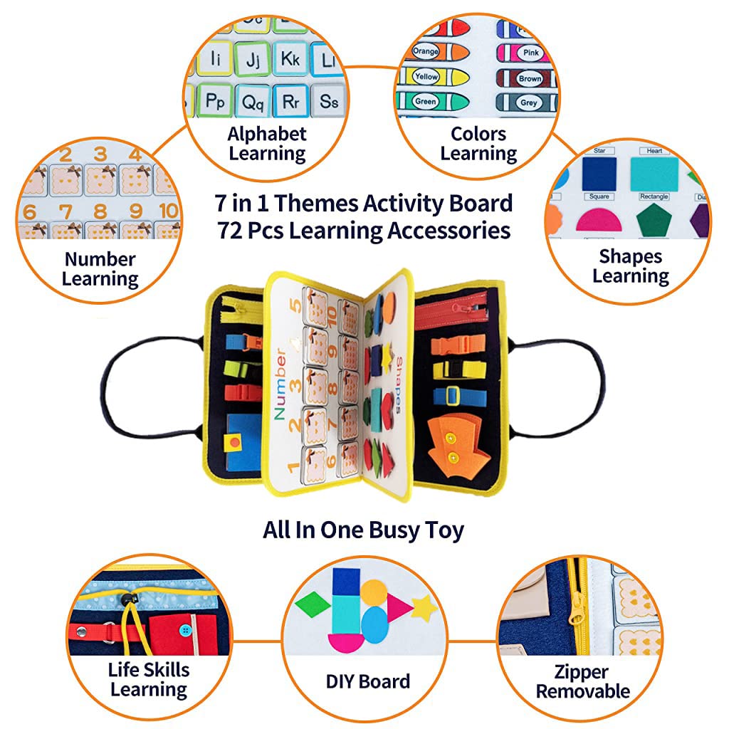SNOWIE SOFT® Upgrade Toddler Busy Board, Montessori Toy for Develop Basic Skills, All in 1 Educational Toy for 1-4 Year Old Kids, Bag Design for Airplane or Car Travel,color Multi